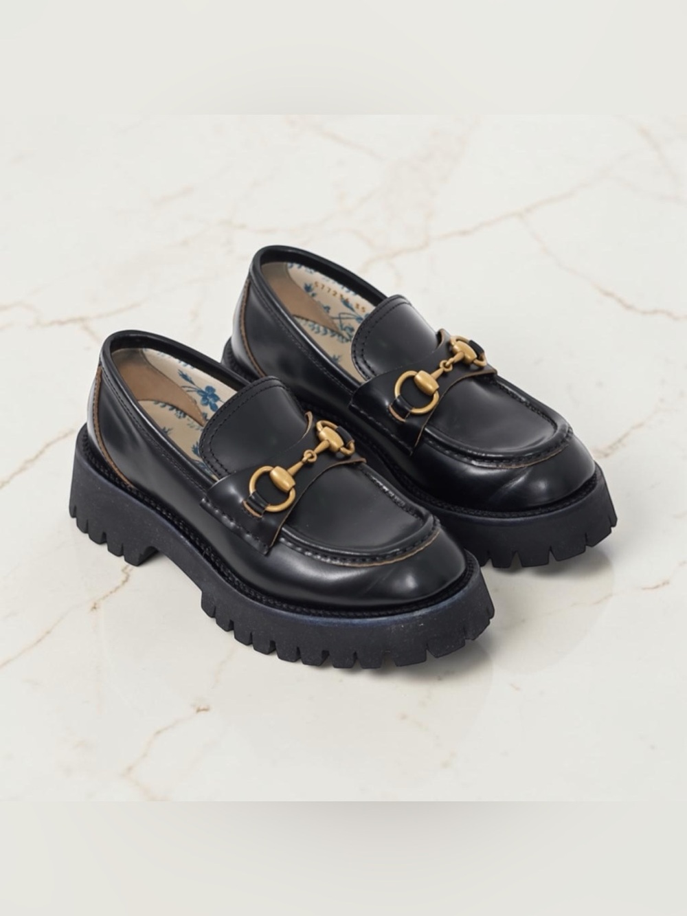 Gucci Black & Gold Leather Lug Sole Horsebit Loafers EU 35.5 NIB